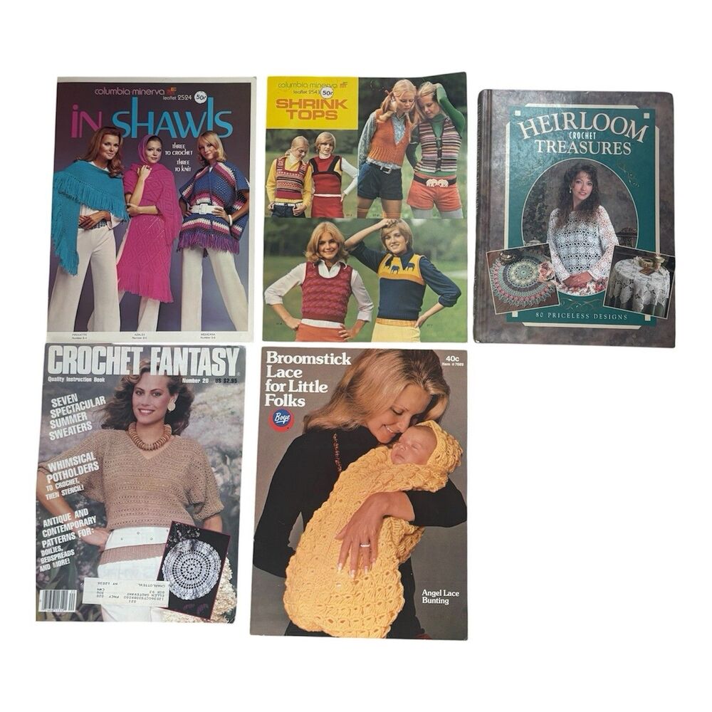 Vintage 70s 80s 90s Lot Of 5 - Crochet Patterns & Books Columbia Minerva Boho
